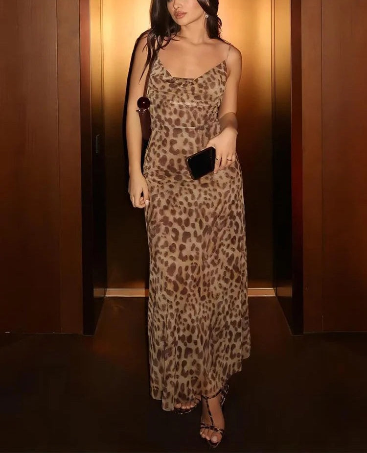 Roswitha Leopard Print Cowl-Neck Backless Cami Maxi Dress