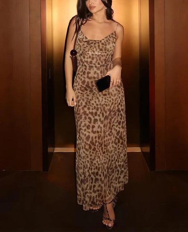 Roswitha Leopard Print Cowl-Neck Backless Cami Maxi Dress