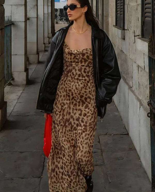 Roswitha Leopard Print Cowl-Neck Backless Cami Maxi Dress