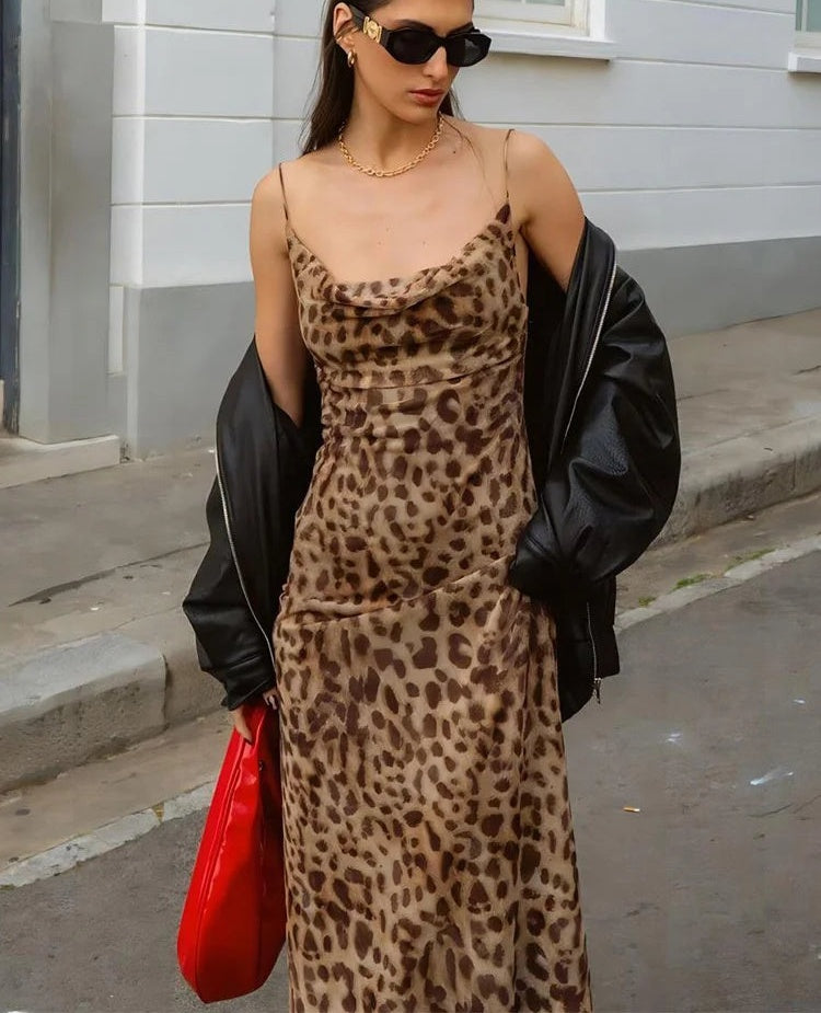 Roswitha Leopard Print Cowl-Neck Backless Cami Maxi Dress