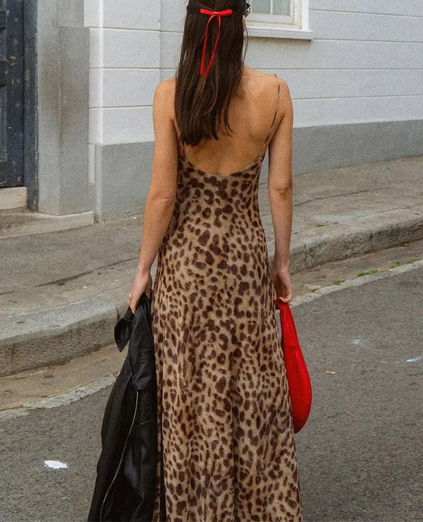 Roswitha Leopard Print Cowl-Neck Backless Cami Maxi Dress
