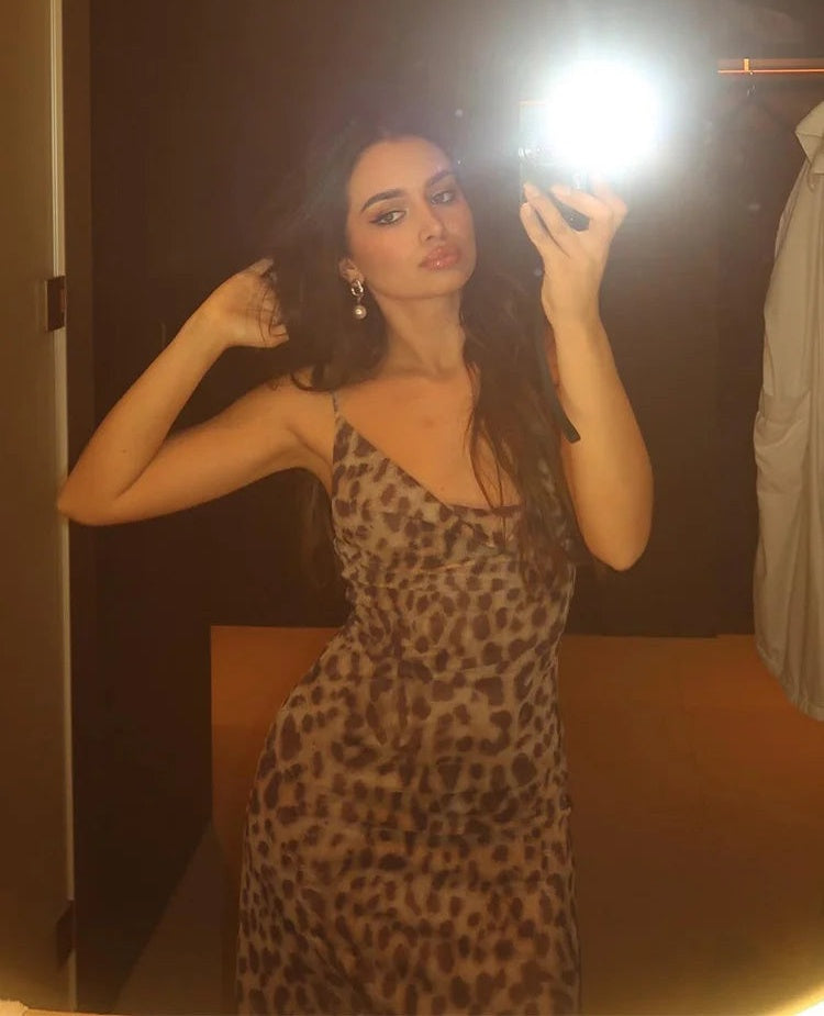 Roswitha Leopard Print Cowl-Neck Backless Cami Maxi Dress