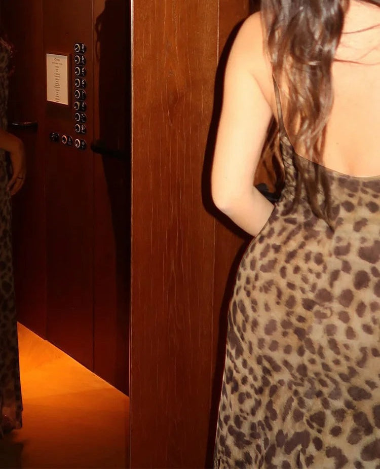 Roswitha Leopard Print Cowl-Neck Backless Cami Maxi Dress