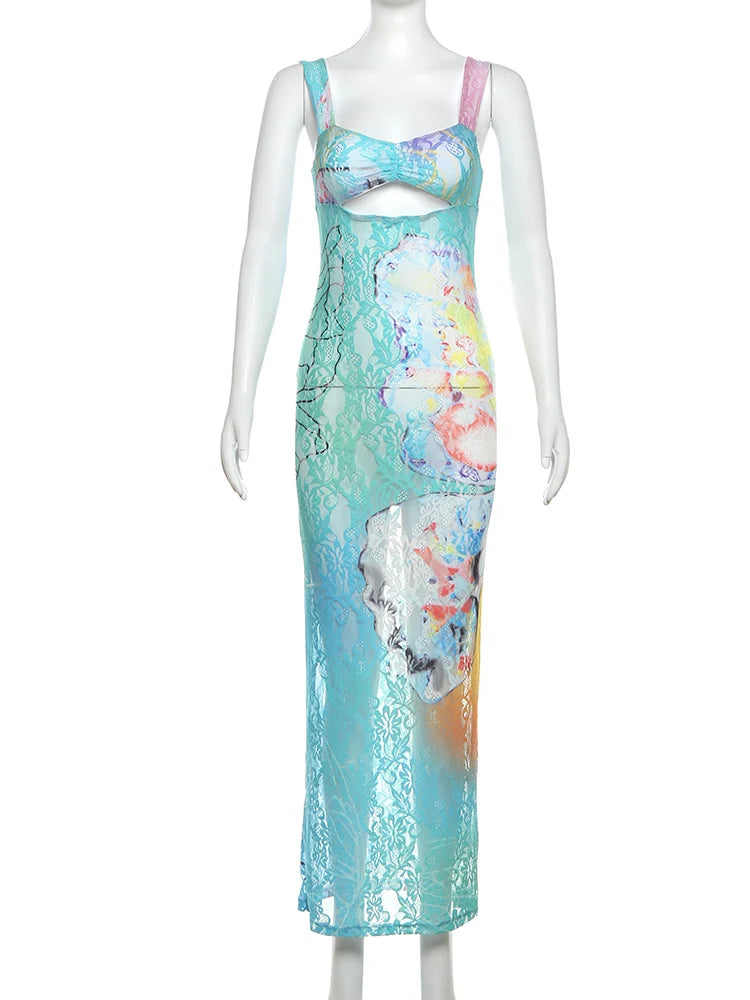 Wilhelmine Sheer Lace Gradient Print Cutout Cami Maxi Dress