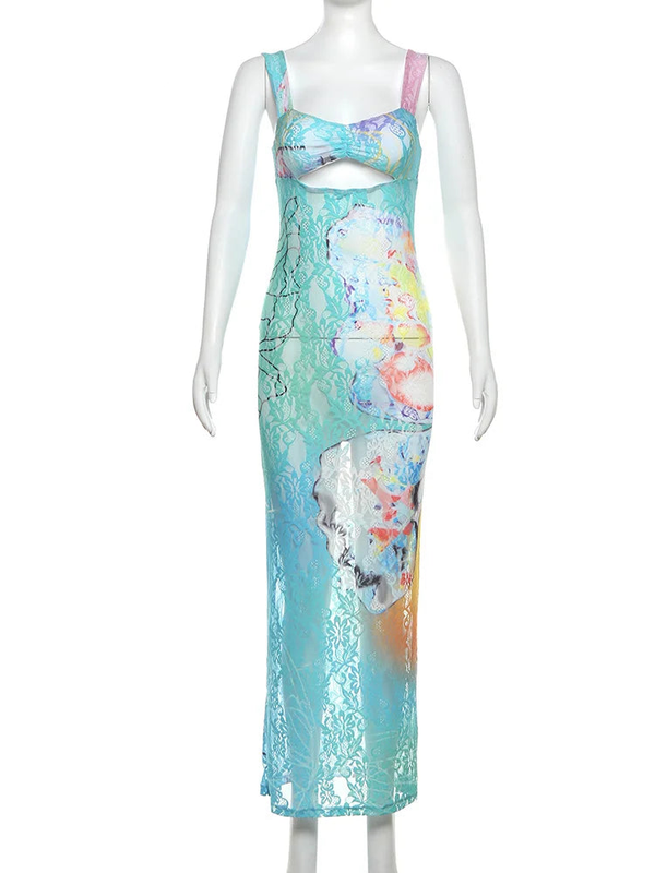 Wilhelmine Sheer Lace Gradient Print Cutout Cami Maxi Dress