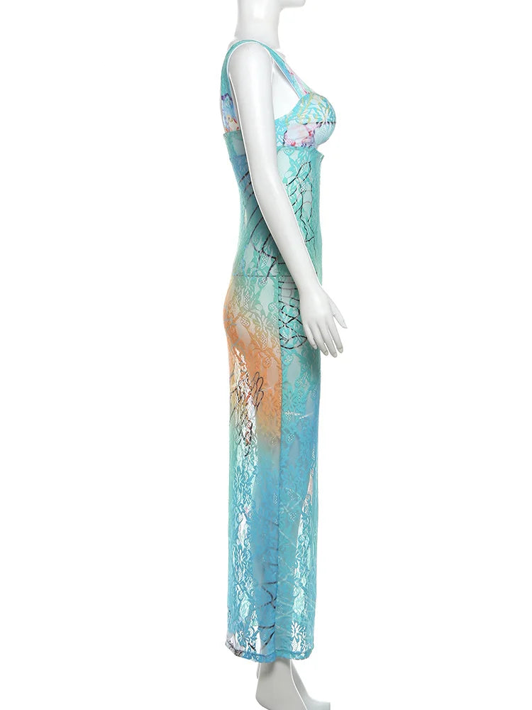 Wilhelmine Sheer Lace Gradient Print Cutout Cami Maxi Dress