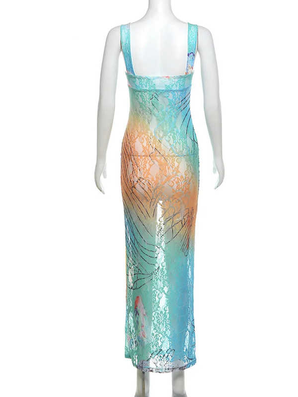 Wilhelmine Sheer Lace Gradient Print Cutout Cami Maxi Dress