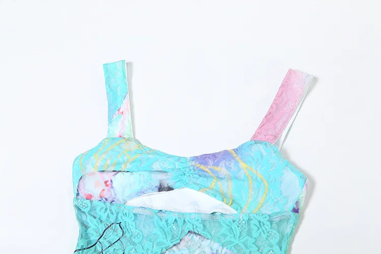 Wilhelmine Sheer Lace Gradient Print Cutout Cami Maxi Dress