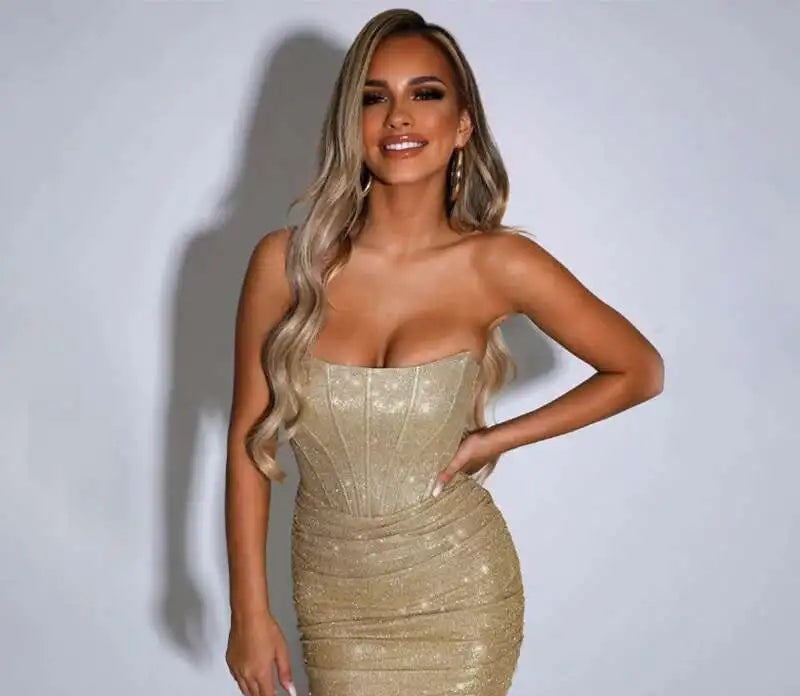 Aurelina Glitter Strapless Ruched Bodycon Mini Dress