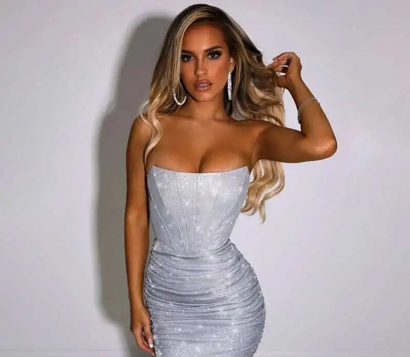 Aurelina Glitter Strapless Ruched Bodycon Mini Dress