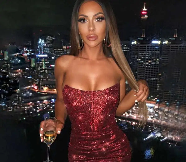 Aurelina Glitter Strapless Ruched Bodycon Mini Dress