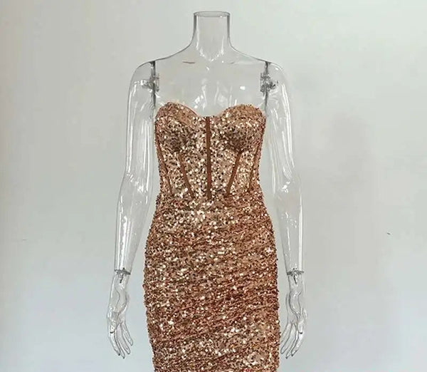 Aurelina Glitter Strapless Ruched Bodycon Mini Dress