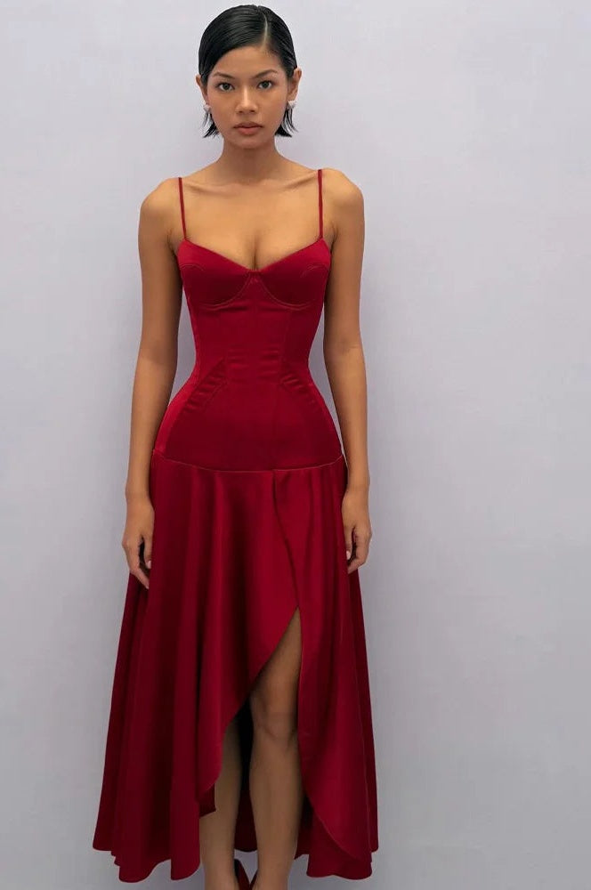Delphinia Satin Corset Cami Asymmetric Slit Midi Dress