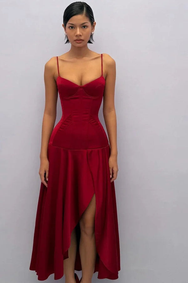 Delphinia Satin Corset Cami Asymmetric Slit Midi Dress