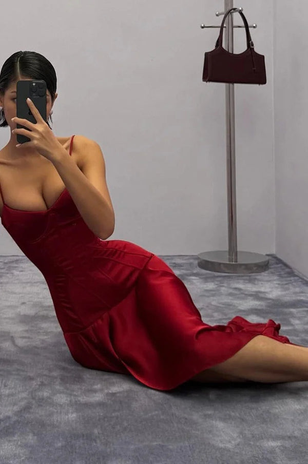 Delphinia Satin Corset Cami Asymmetric Slit Midi Dress