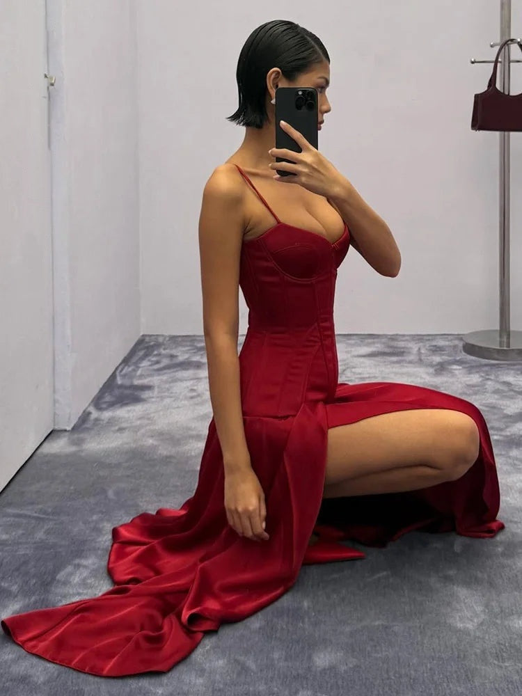 Delphinia Satin Corset Cami Asymmetric Slit Midi Dress