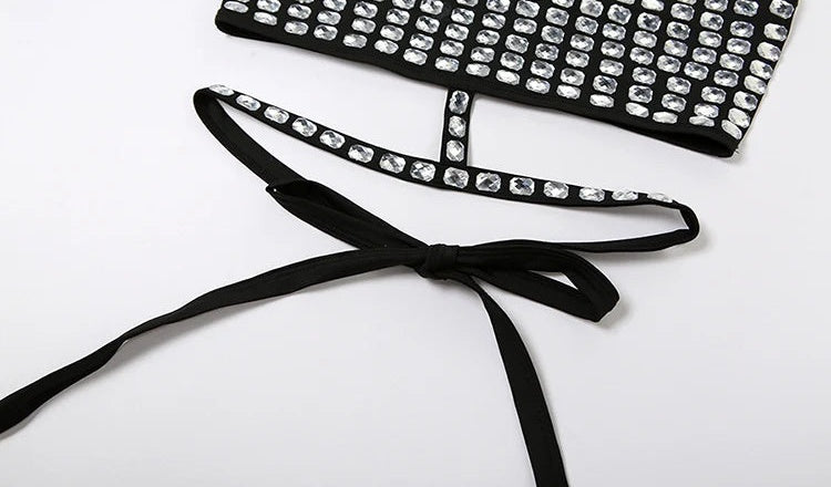 Tullia Rhinestone Halter Choker Backless Crop Tube Top One-piece