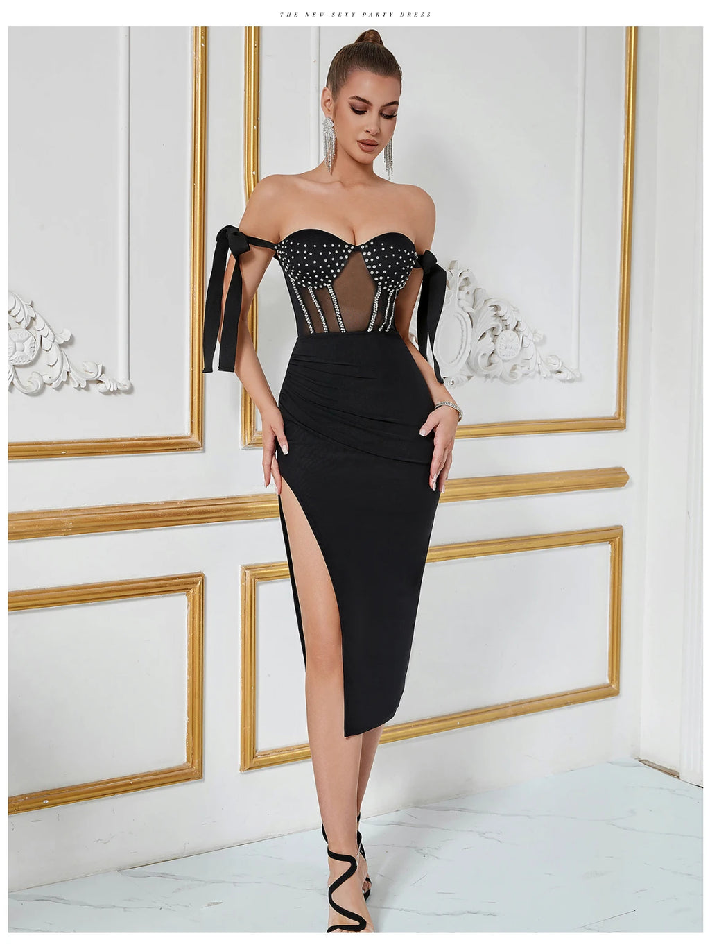 Selene Off-Shoulder Mesh Bandage Midi Dress