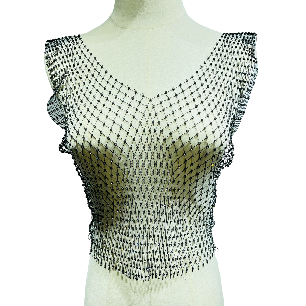 Leqoel Sexy Mesh Crop Tops for Women 2022 Summer Rhinestones Fashion Party See Through Fishnet Tank Hollow Out Backless Top New