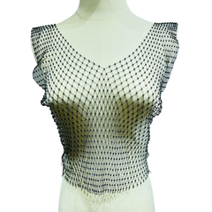 Leqoel Sexy Mesh Crop Tops for Women 2022 Summer Rhinestones Fashion Party See Through Fishnet Tank Hollow Out Backless Top New