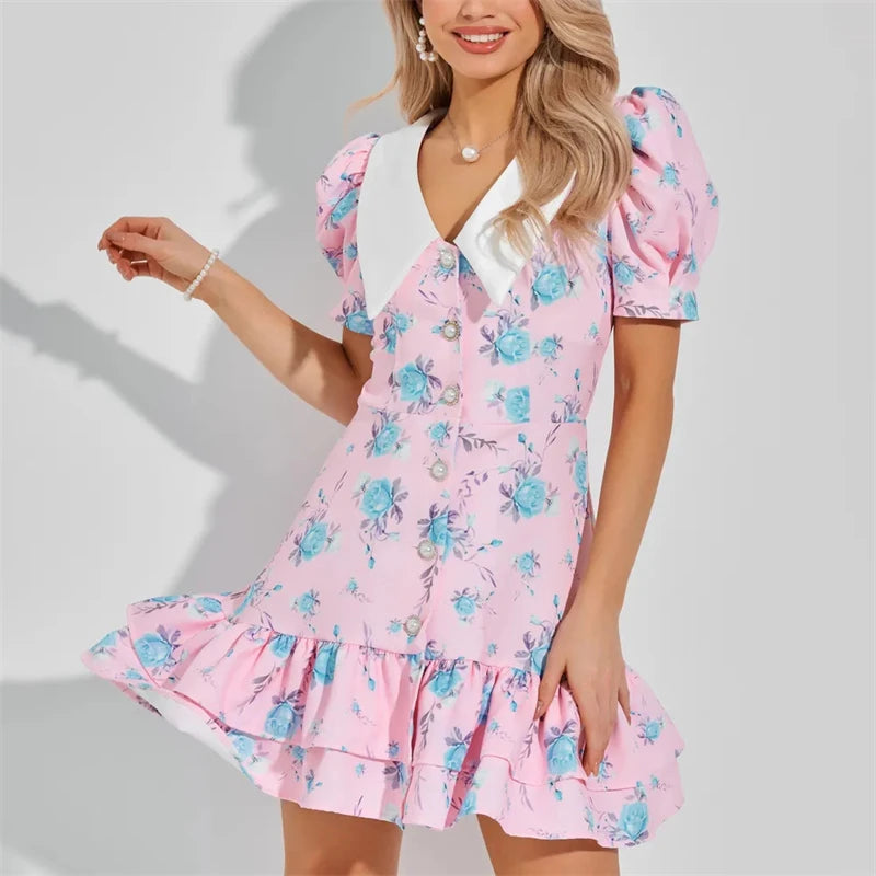 Gisella Floral Collared Puff-Sleeve Pearl-Button Ruffle Mini Dress