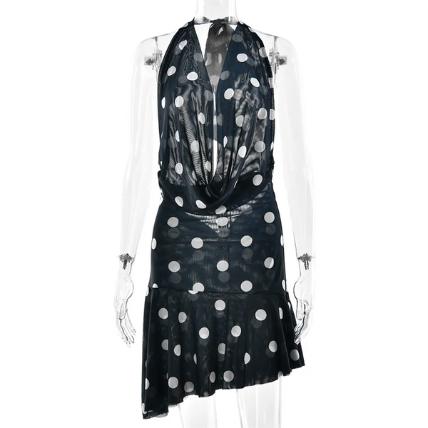 Marceline Navy Polka Dot Mesh Halter Mini Dress