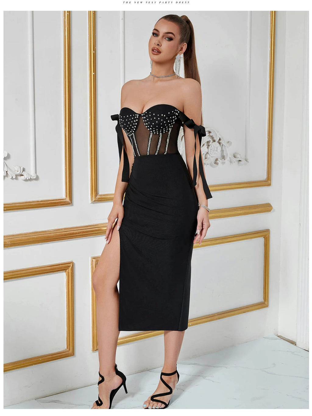 Selene Off-Shoulder Mesh Bandage Midi Dress