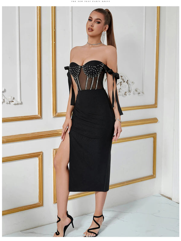 Selene Off-Shoulder Mesh Bandage Midi Dress