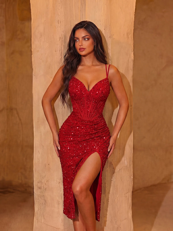 Bellamy Sequin Pleated Slit Midi Dress