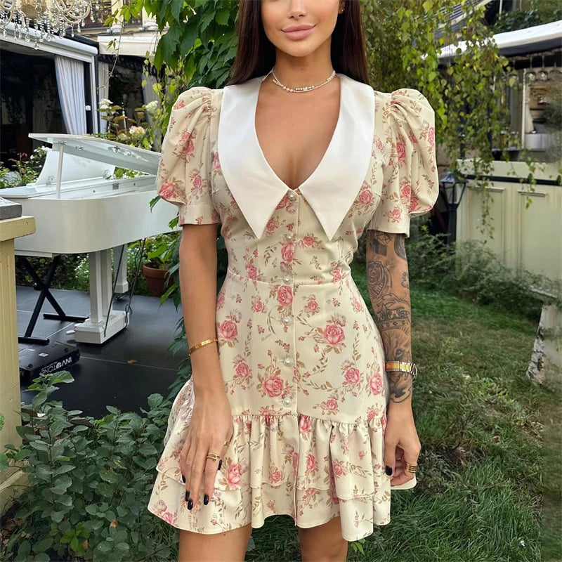 Gisella Floral Collared Puff-Sleeve Pearl-Button Ruffle Mini Dress