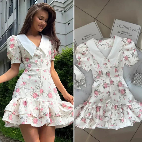 Gisella Floral Collared Puff-Sleeve Pearl-Button Ruffle Mini Dress