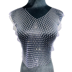Leqoel Sexy Mesh Crop Tops for Women 2022 Summer Rhinestones Fashion Party See Through Fishnet Tank Hollow Out Backless Top New