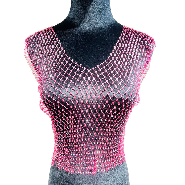 Leqoel Sexy Mesh Crop Tops for Women 2022 Summer Rhinestones Fashion Party See Through Fishnet Tank Hollow Out Backless Top New