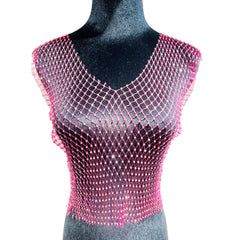 Leqoel Sexy Mesh Crop Tops for Women 2022 Summer Rhinestones Fashion Party See Through Fishnet Tank Hollow Out Backless Top New
