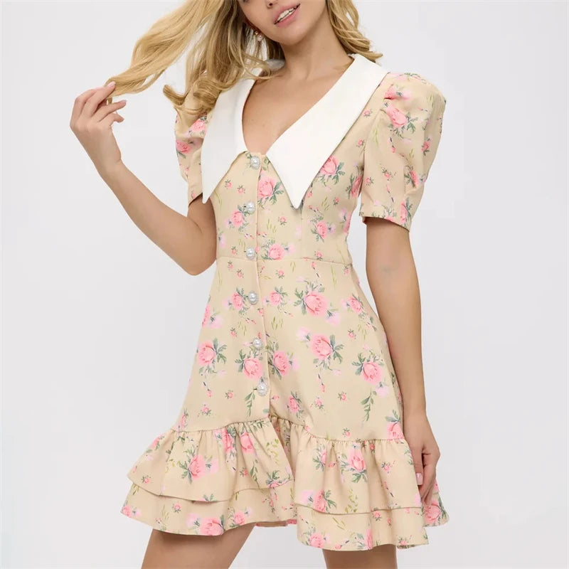 Gisella Floral Collared Puff-Sleeve Pearl-Button Ruffle Mini Dress