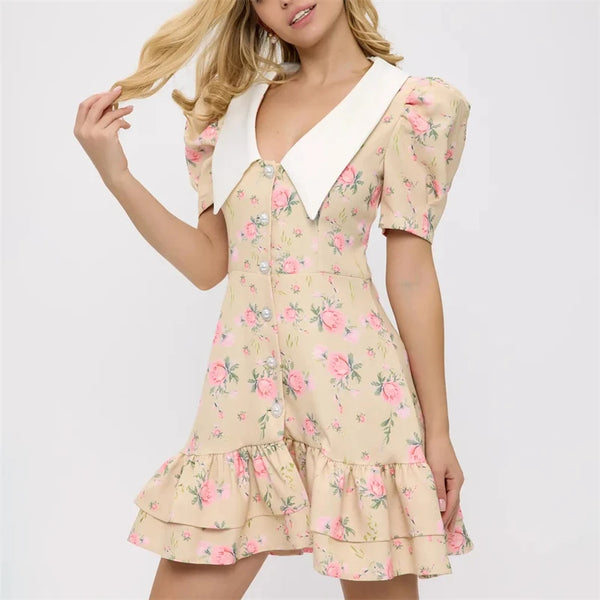 Gisella Floral Collared Puff-Sleeve Pearl-Button Ruffle Mini Dress