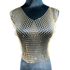 Leqoel Sexy Mesh Crop Tops for Women 2022 Summer Rhinestones Fashion Party See Through Fishnet Tank Hollow Out Backless Top New