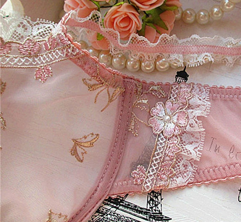 Rosalba Lotus Embroidered Sheer Lace Underwire Bra & Brief Set