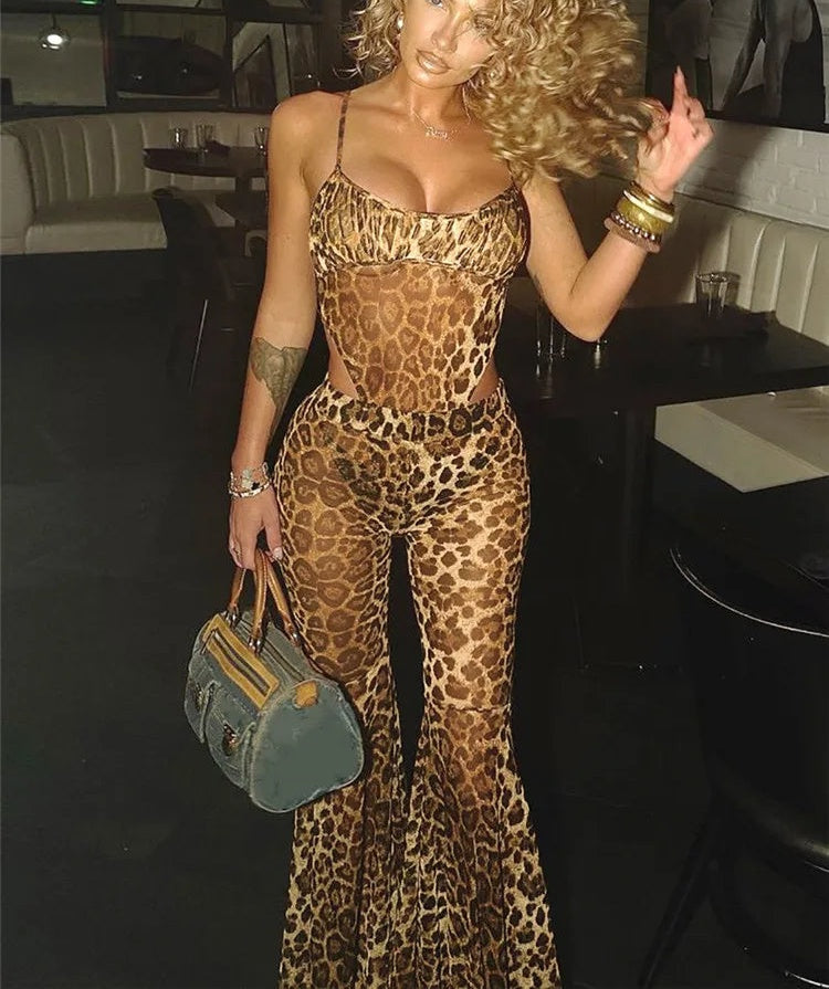 Isaura Sheer Leopard Mesh Cami Bodysuit & Flare Pants Two-piece
