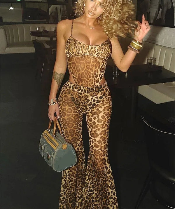 Isaura Sheer Leopard Mesh Cami Bodysuit & Flare Pants Two-piece