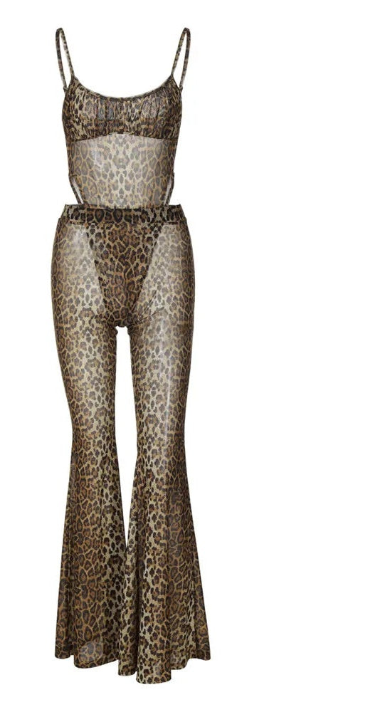 Isaura Sheer Leopard Mesh Cami Bodysuit & Flare Pants Two-piece