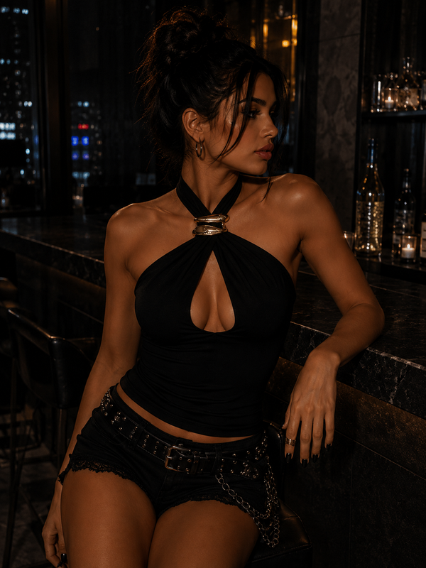 Liora Black Gold Buckle Cutout Halter One-piece