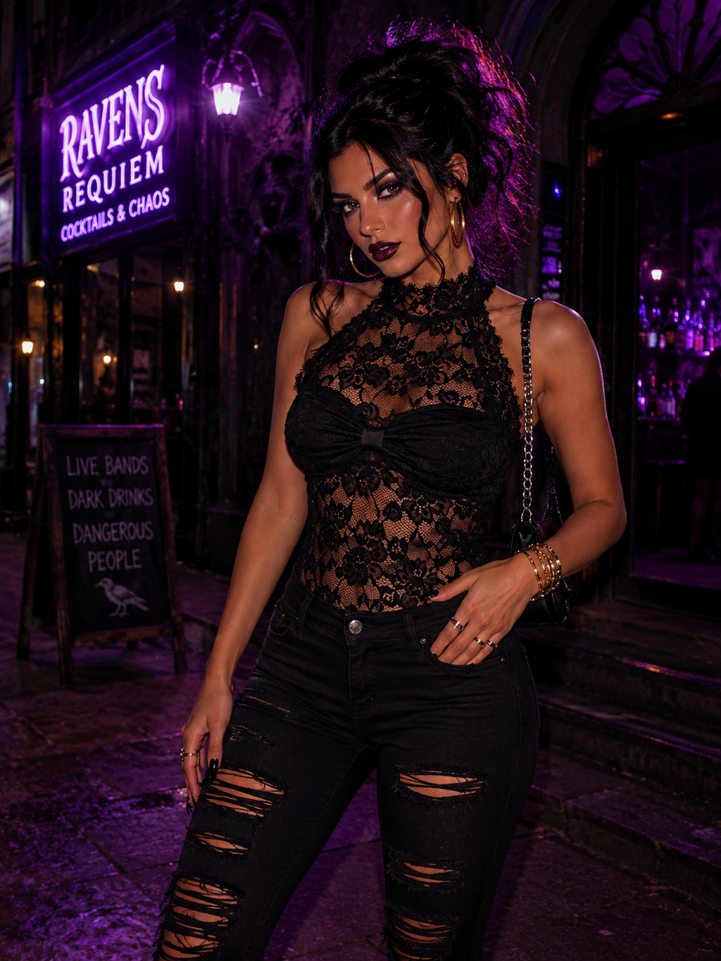 Selena Noir Lace Halter Mesh Top One-piece