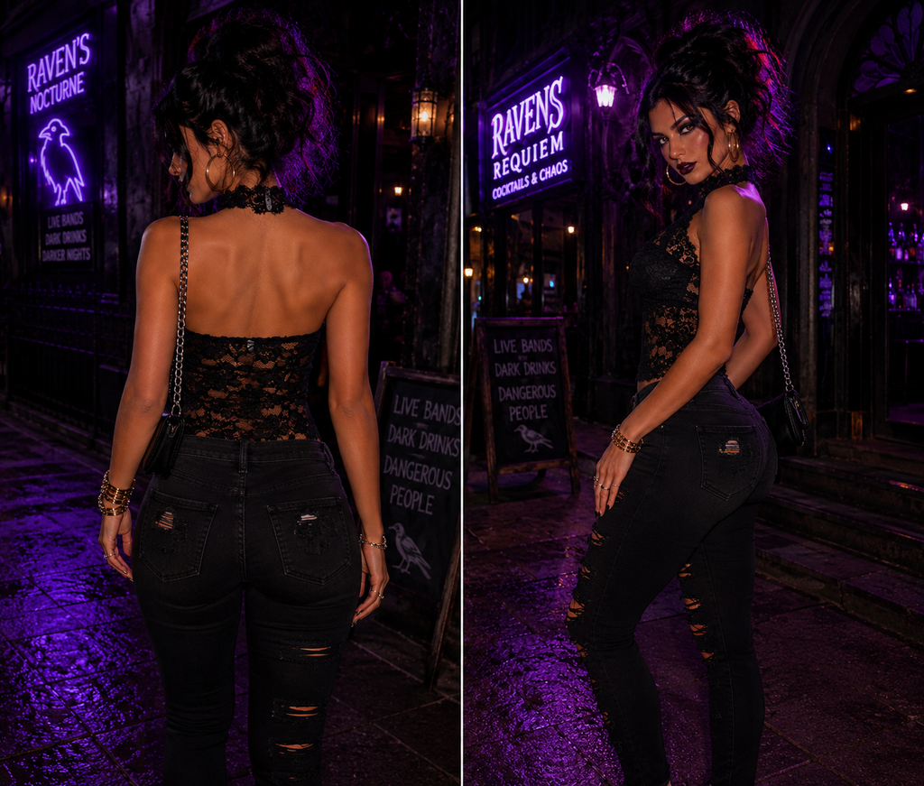 Selena Noir Lace Halter Mesh Top One-piece
