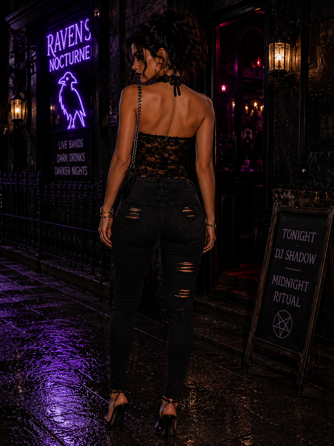 Selena Noir Lace Halter Mesh Top One-piece Secondary image