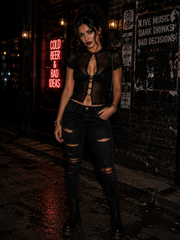 Selena Noir Mesh Lace Keyhole Top