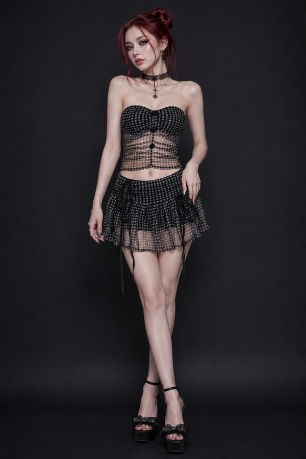Sophia Gingham Mesh Ruched Two-piece Apparel Set