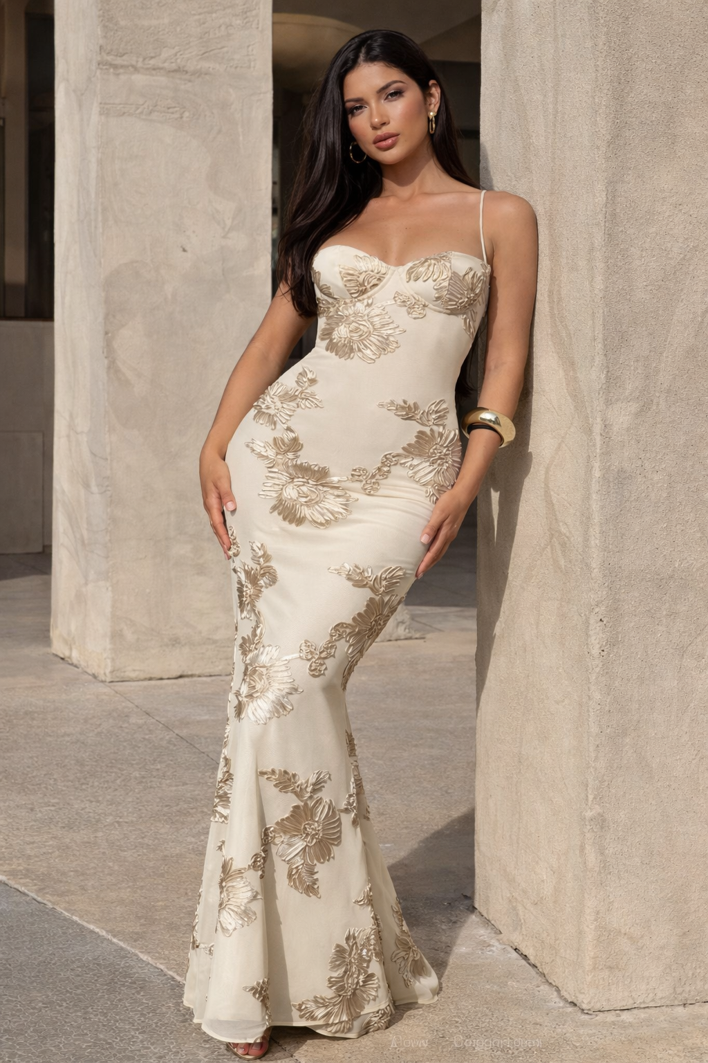 Isabella Spaghetti Strap Floral Embroidered Bodycon Maxi Dress Main image