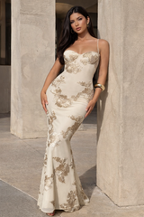 Isabella Spaghetti Strap Floral Embroidered Bodycon Maxi Dress