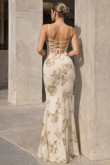 Isabella Spaghetti Strap Floral Embroidered Bodycon Maxi Dress